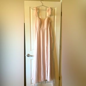 Azazie blush full length wedding guest or bridesmaid dress.